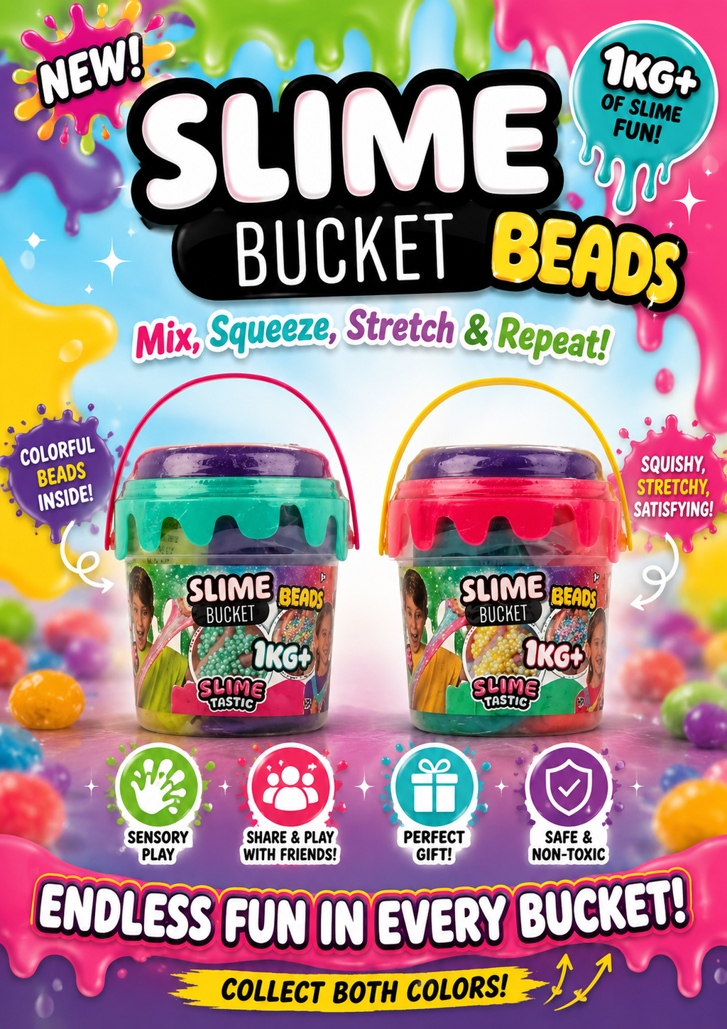 SlimeTastic 1KG+ Slime Beads Bucket – Giant Kids Sensory Toy Tub